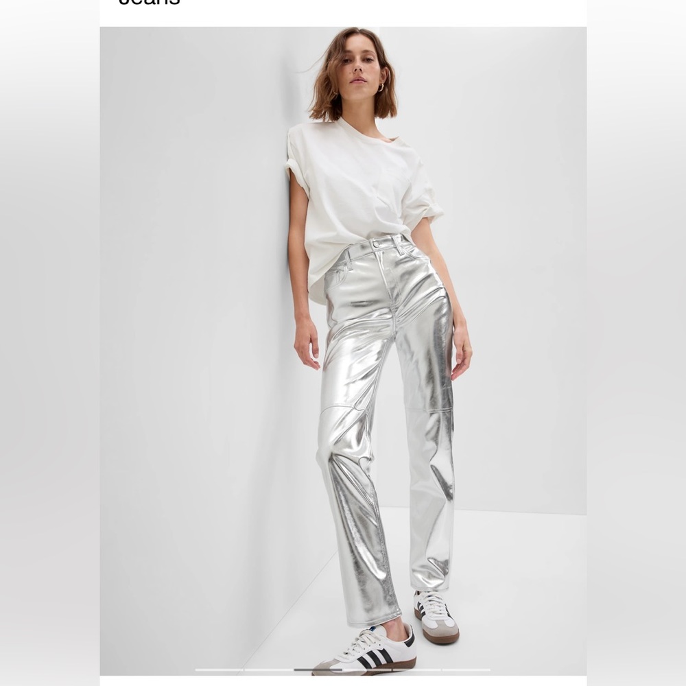 High rise faux leather silver pants